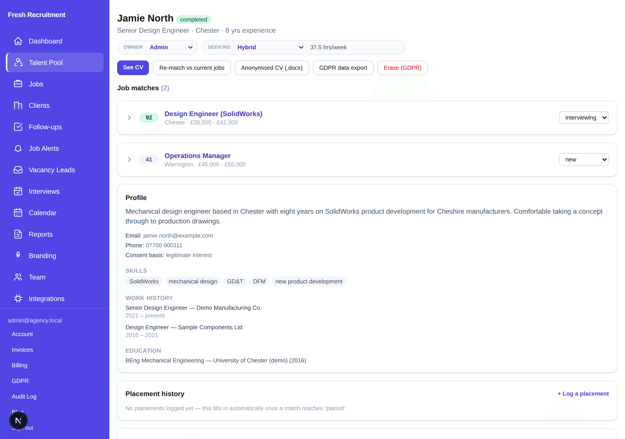 Demo candidate profile for Jamie North showing skills, work history, job matches, and GDPR export and erasure actions.