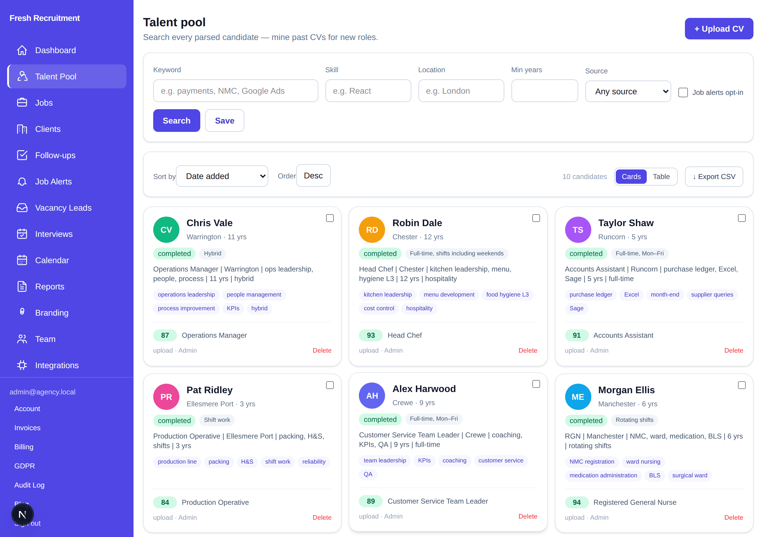 Talent pool demo with search filters and candidate cards for made-up names such as Chris Vale and Robin Dale.