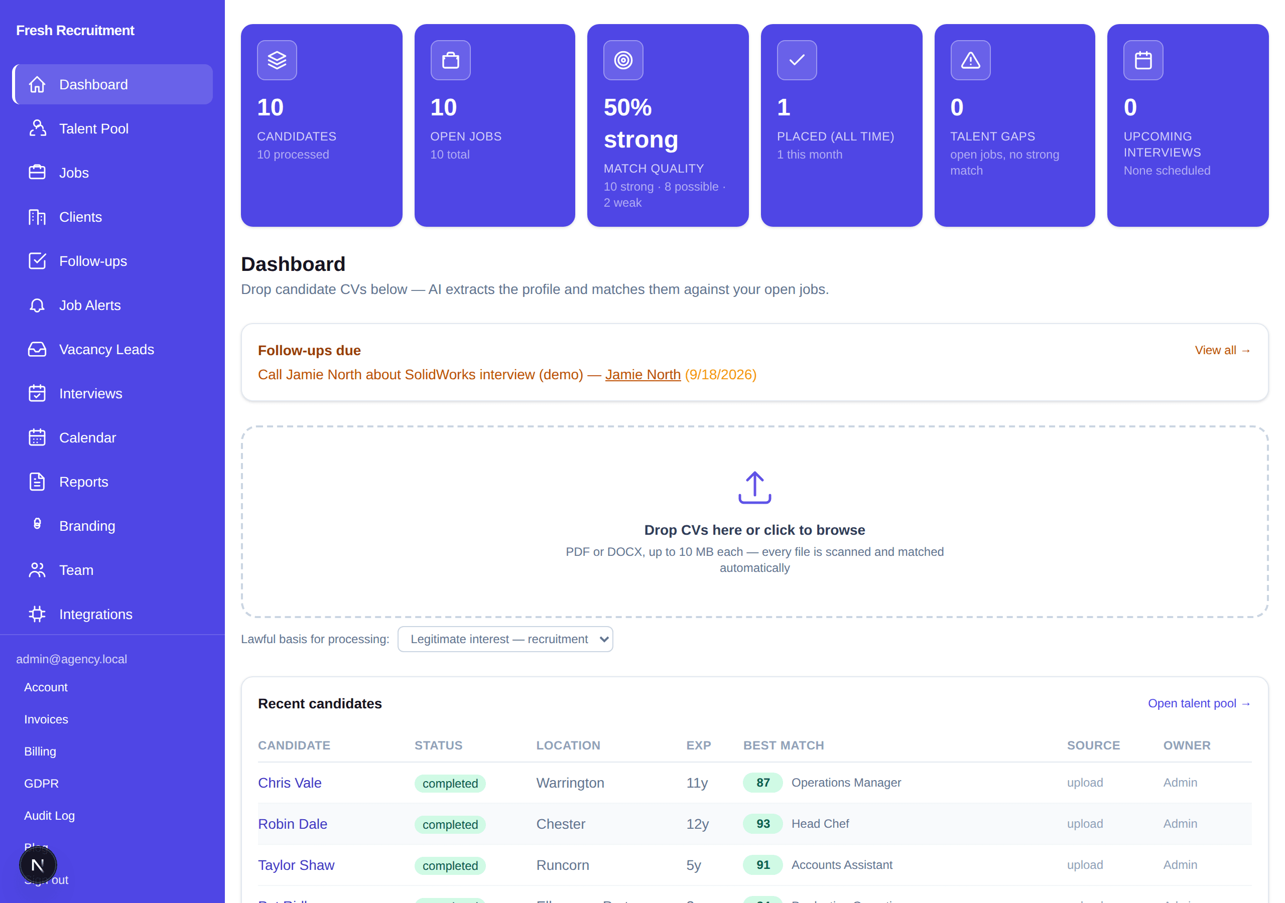 Agentic Hire dashboard demo: candidate and job stats, CV drop zone, and a recent-candidates table with made-up names.
