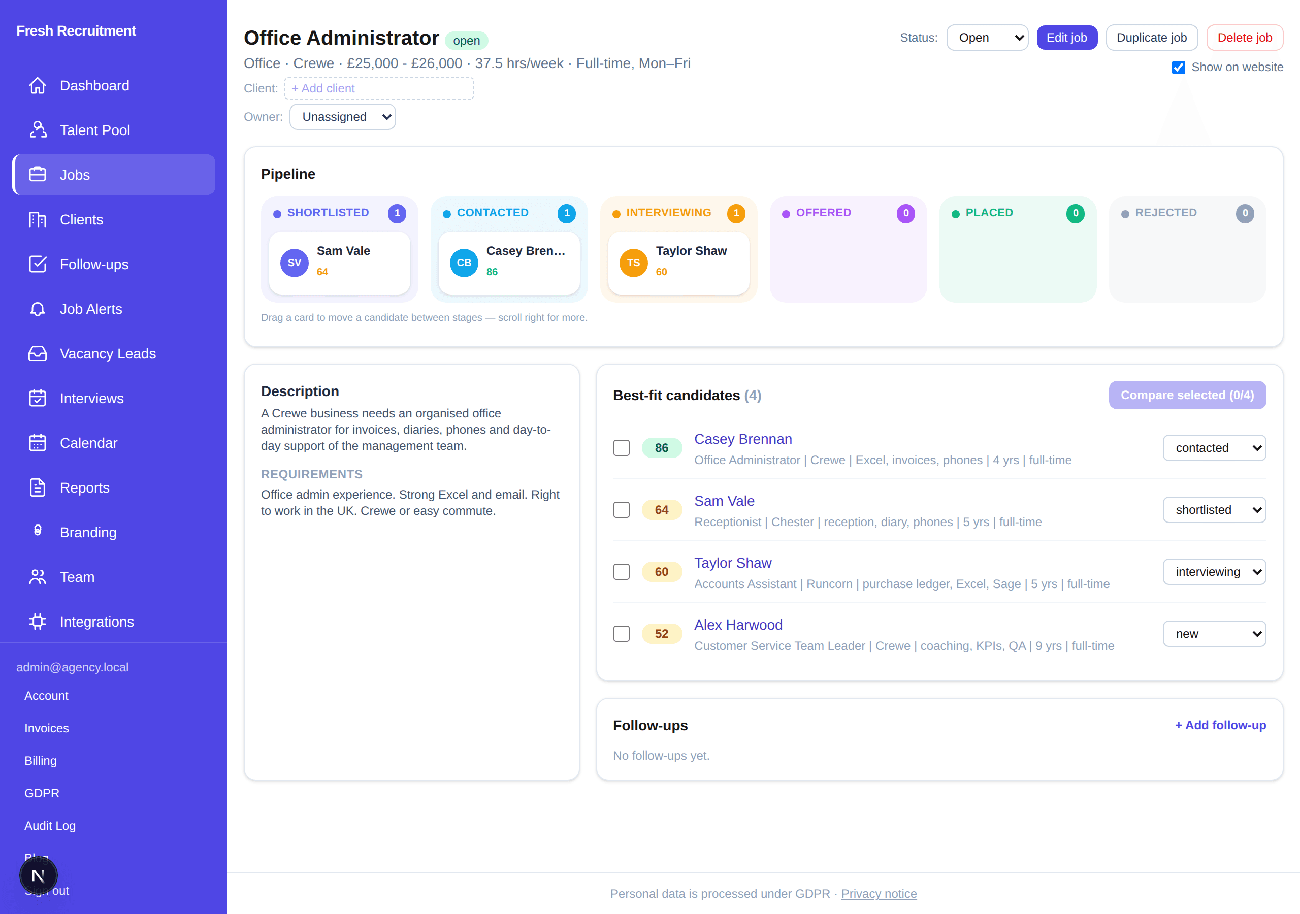 Demo job page for an Office Administrator role showing a pipeline board and ranked best-fit candidates with made-up names.