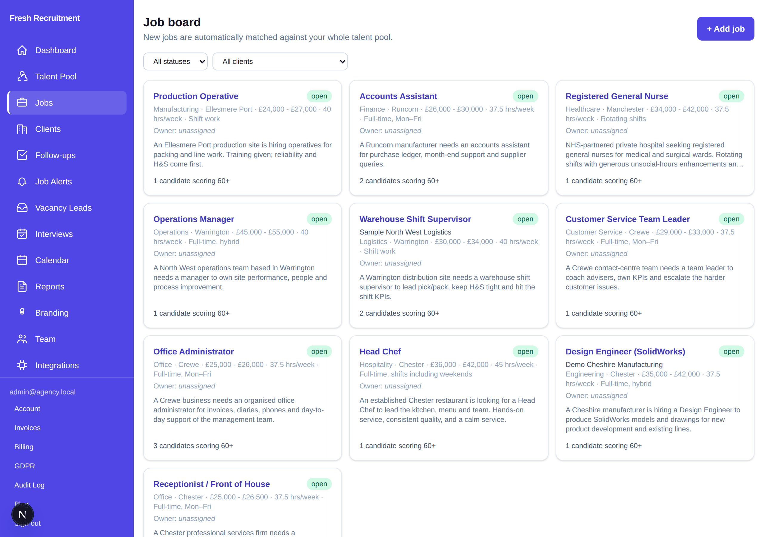 Demo job board showing made-up roles such as Production Operative and Accounts Assistant with match counts.