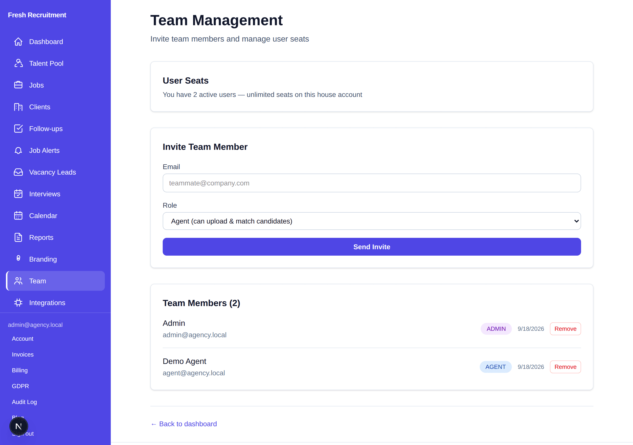 Team management demo with invite form and two demo users, Admin and Demo Agent.